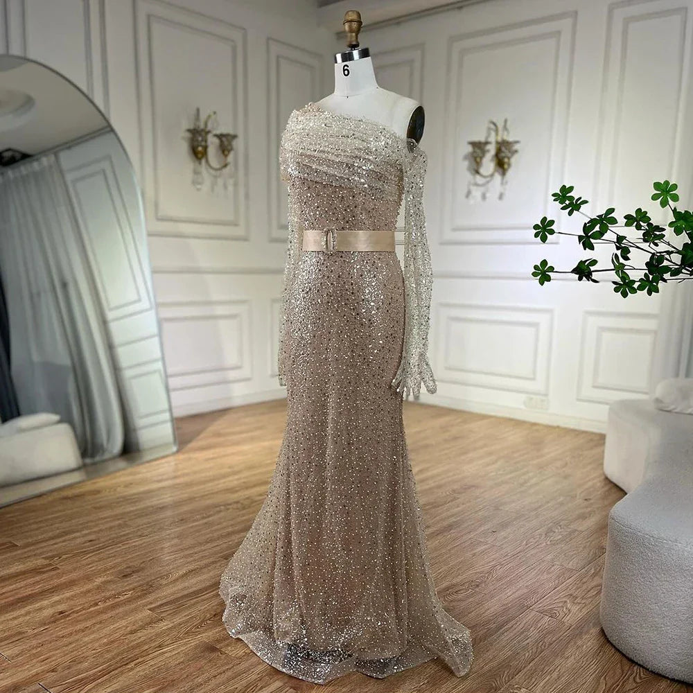 Arabien Karamell Meerjungfrau Eine Schulter Luxus Perlen Abendkleider Kleider 2025 Für Frauen Hochzeit Party LA72285