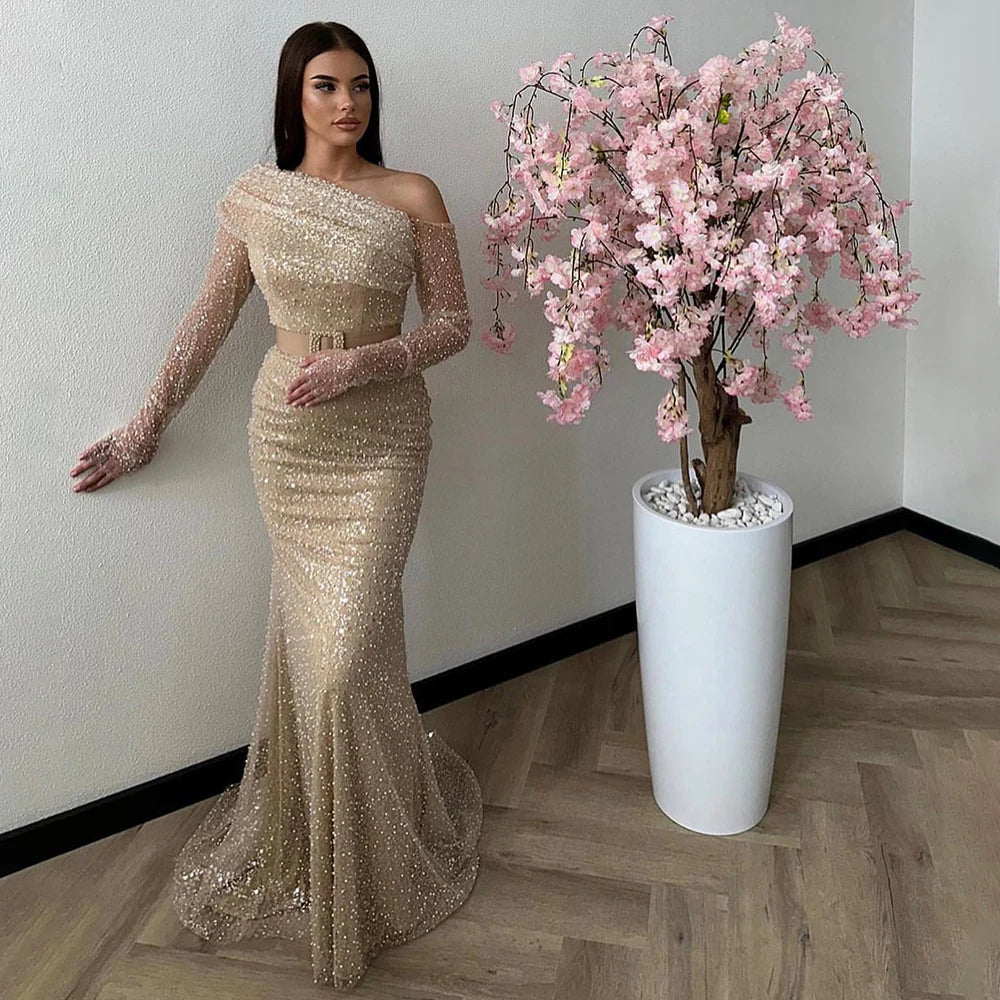 Arabien Karamell Meerjungfrau Eine Schulter Luxus Perlen Abendkleider Kleider 2025 Für Frauen Hochzeit Party LA72285