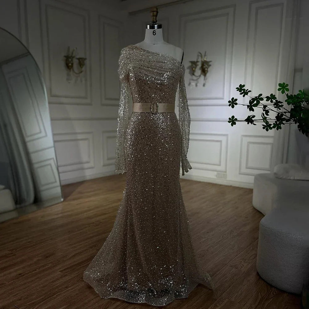 Arabien Karamell Meerjungfrau Eine Schulter Luxus Perlen Abendkleider Kleider 2025 Für Frauen Hochzeit Party LA72285