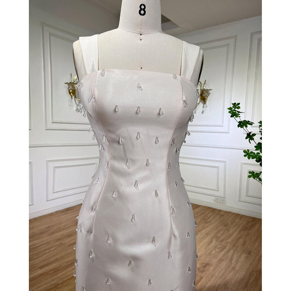 Arabisch Beige Elegante Meerjungfrau Knöchellangen Perlen Kristall Luxus Abendkleider Kleider Für Frauen Party LA71914