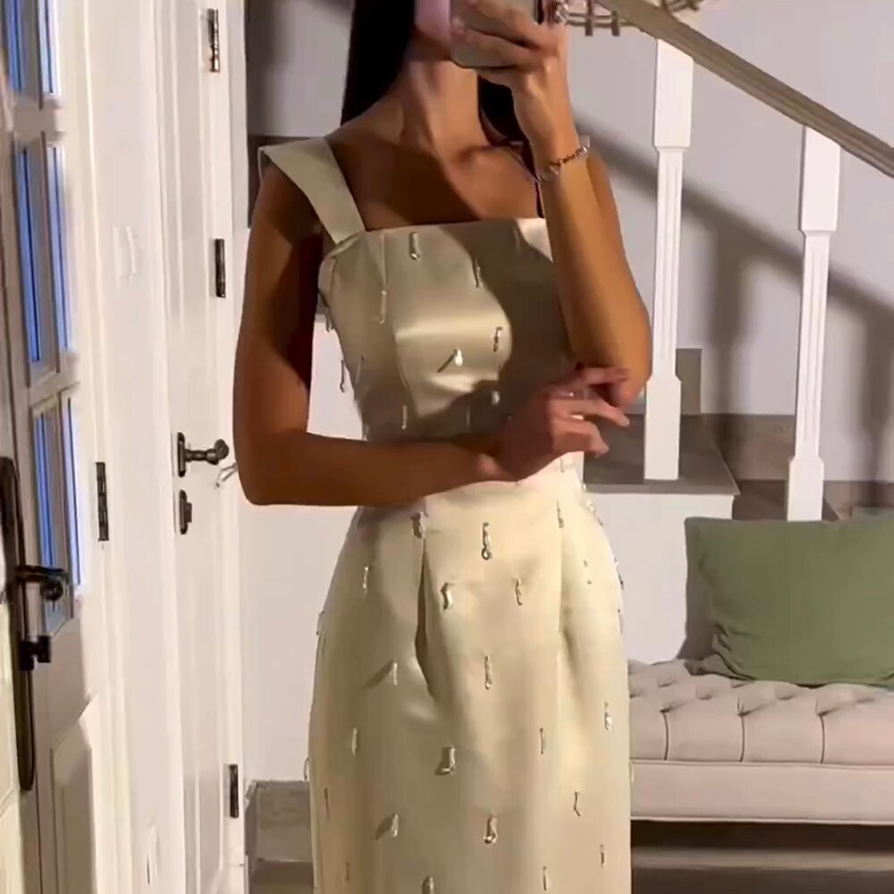 Arabisch Beige Elegante Meerjungfrau Knöchellangen Perlen Kristall Luxus Abendkleider Kleider Für Frauen Party LA71914