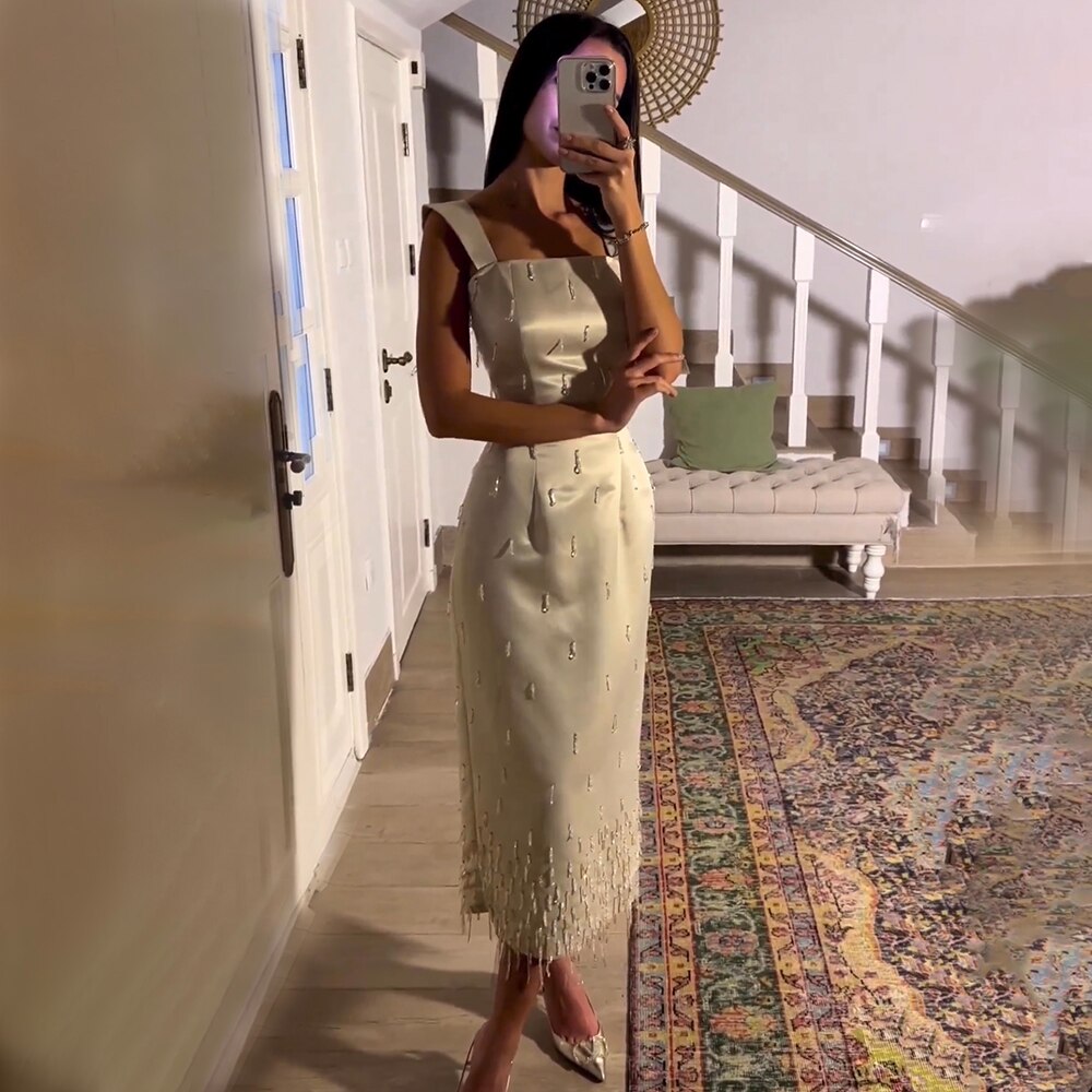 Arabisch Beige Elegante Meerjungfrau Knöchellangen Perlen Kristall Luxus Abendkleider Kleider Für Frauen Party LA71914