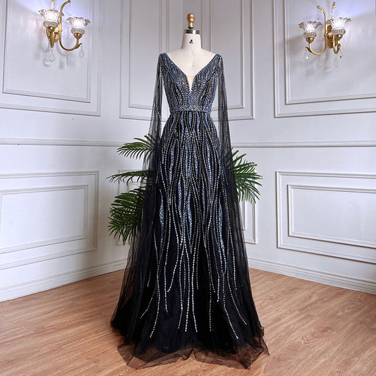 Vestido de noche largo árabe negro con escote en V, corte A, mangas capa y cuentas, para mujer, para boda, fiesta, 2025, LA71960