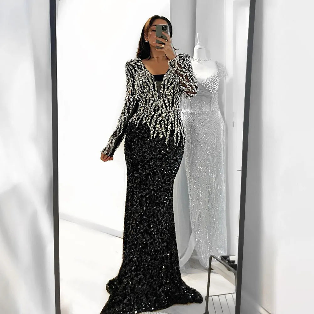 Vestido de noche elegante de sirena árabe negro con cuentas de lujo para mujer, ideal para bodas, 2025, LA72220