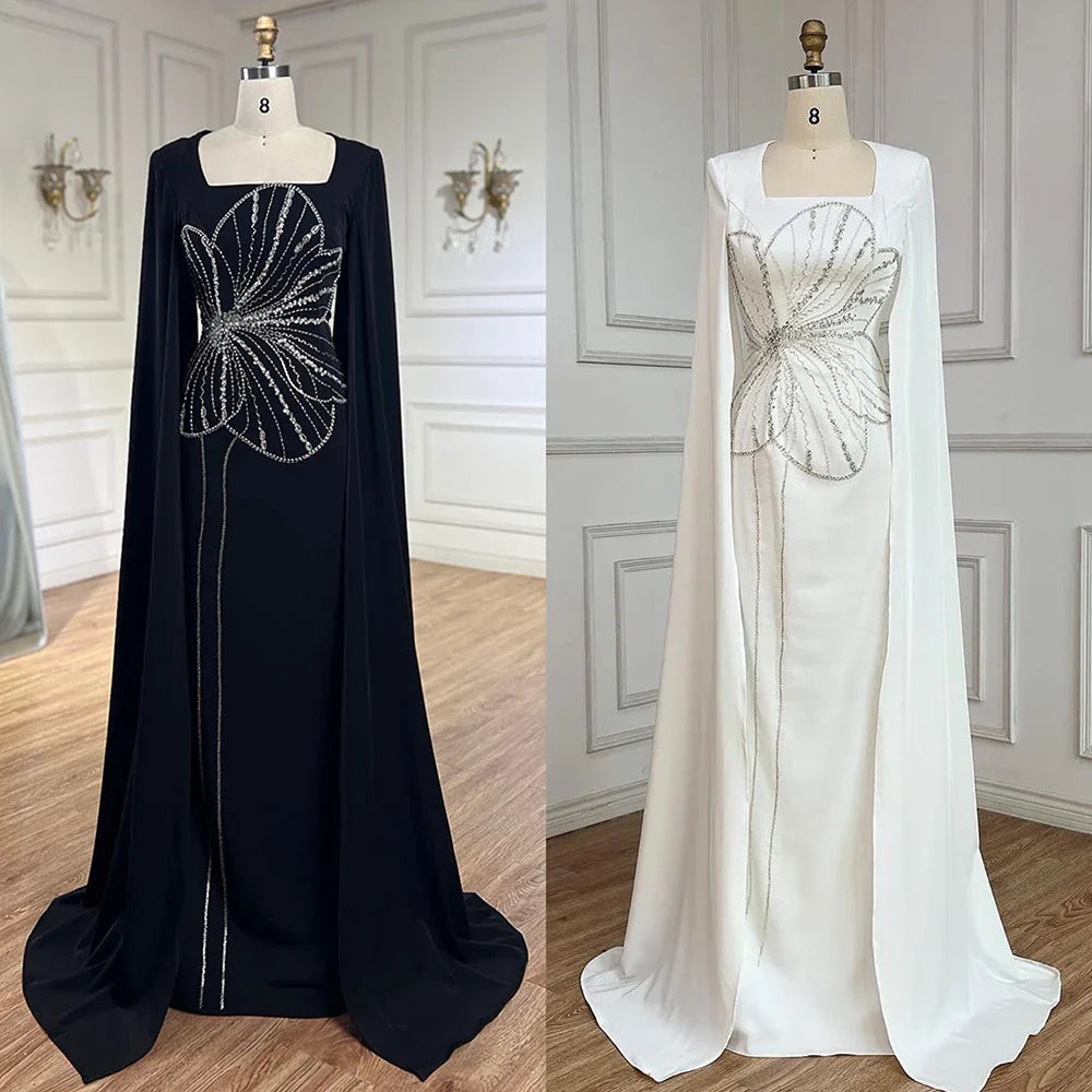 Vestido de noche elegante estilo sirena árabe negro con mangas estilo capa y cuentas de satén de lujo estilo Dubái para mujer, vestido de fiesta LA72461