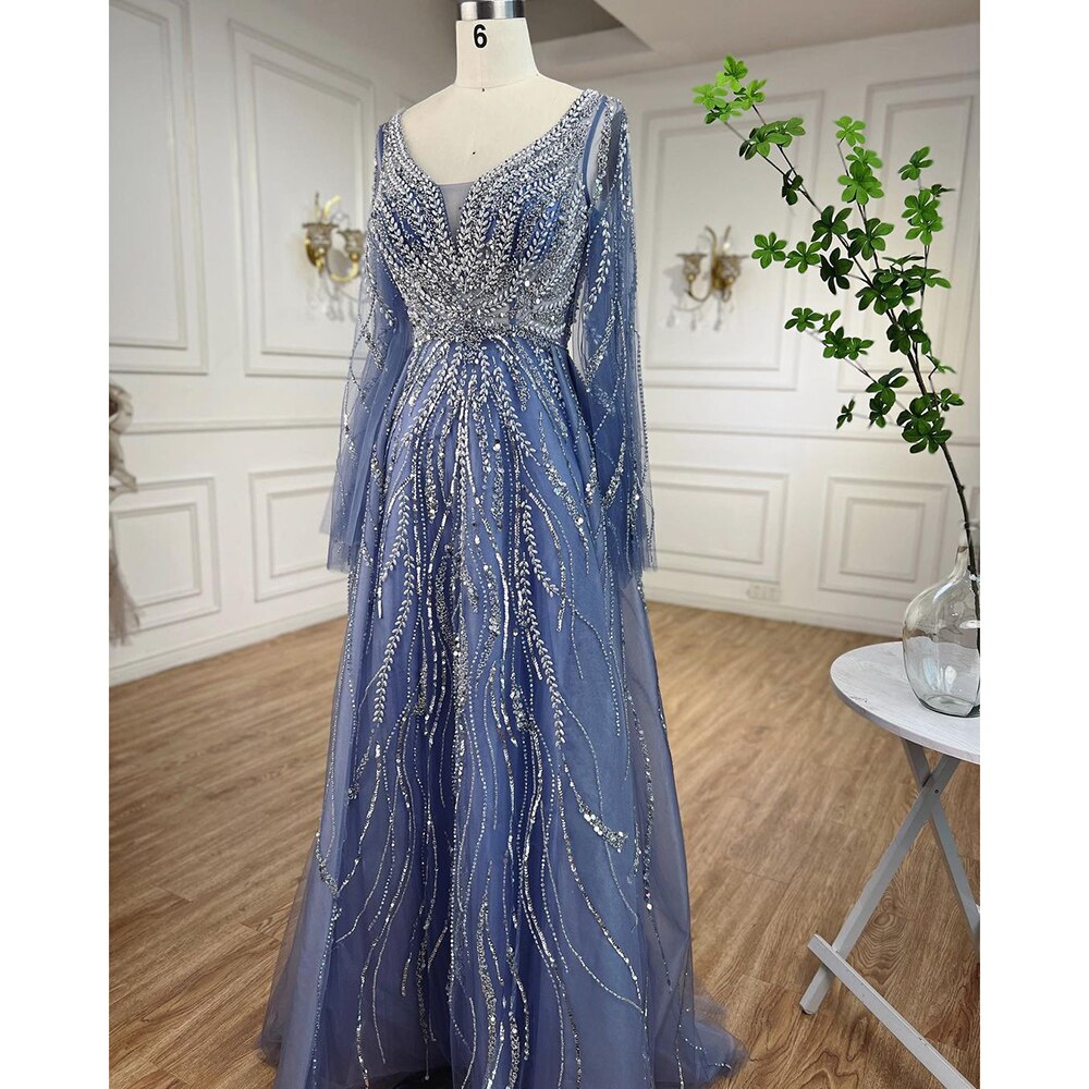 Vestidos de noche largos árabes de corte A con cuentas en azul, para mujer, para bodas, 2025, LA72099