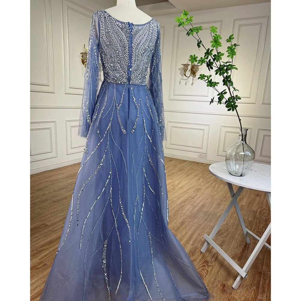 Vestidos de noche largos árabes de corte A con cuentas en azul, para mujer, para bodas, 2025, LA72099