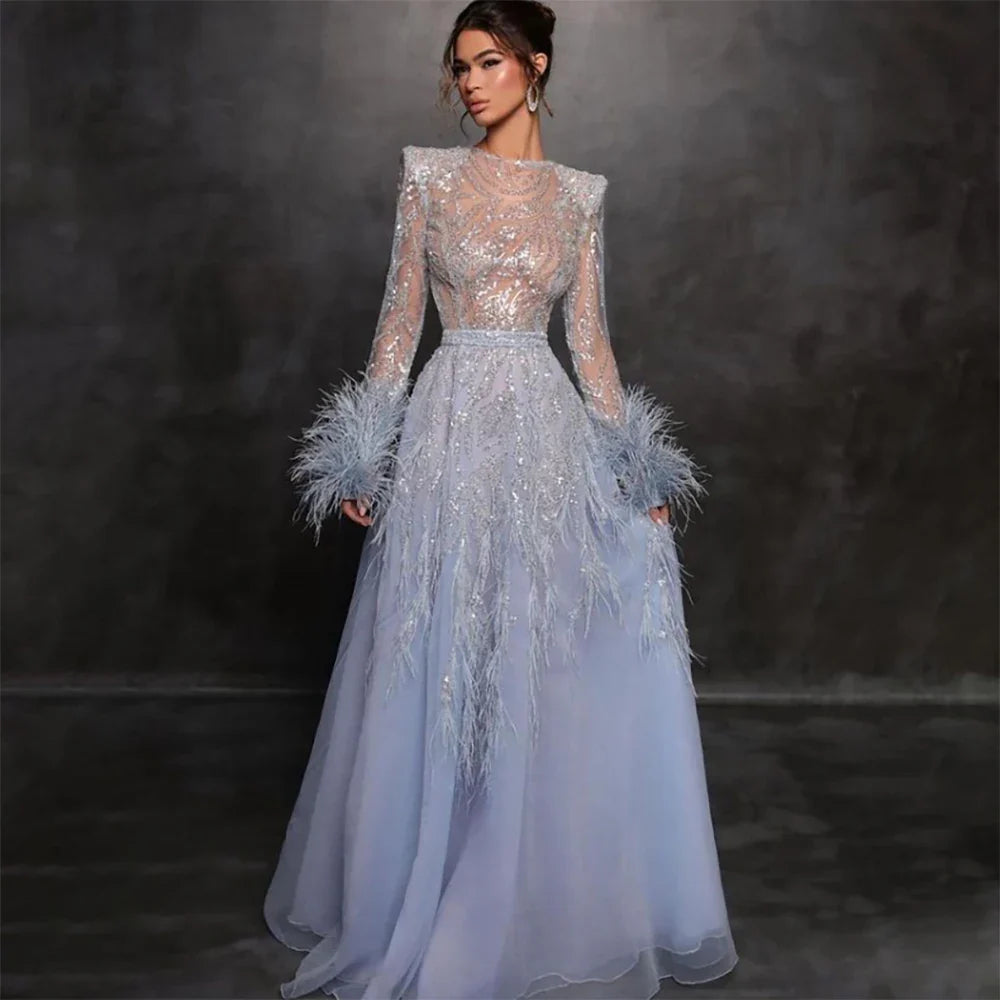 Vestidos de noche largos de lujo de Dubái, corte A, azul árabe, con plumas y cuentas, para mujer, para boda, fiesta, 2025, LA71993