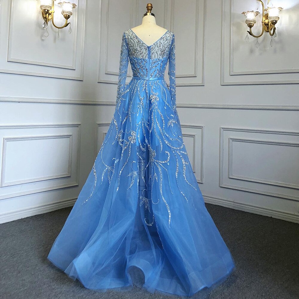 Arabic Blue A-Line Evening Dresses Gowns Luxury Beaded Long Sleeves 2025 For Woman Party LA71596
