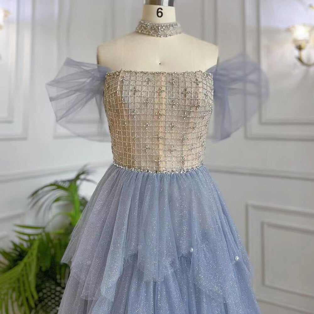 Vestido de noche árabe azul corte A sexy con cuello barco, cuentas y cordones, de lujo, estilo Dubái, para mujer, fiesta, LA71898