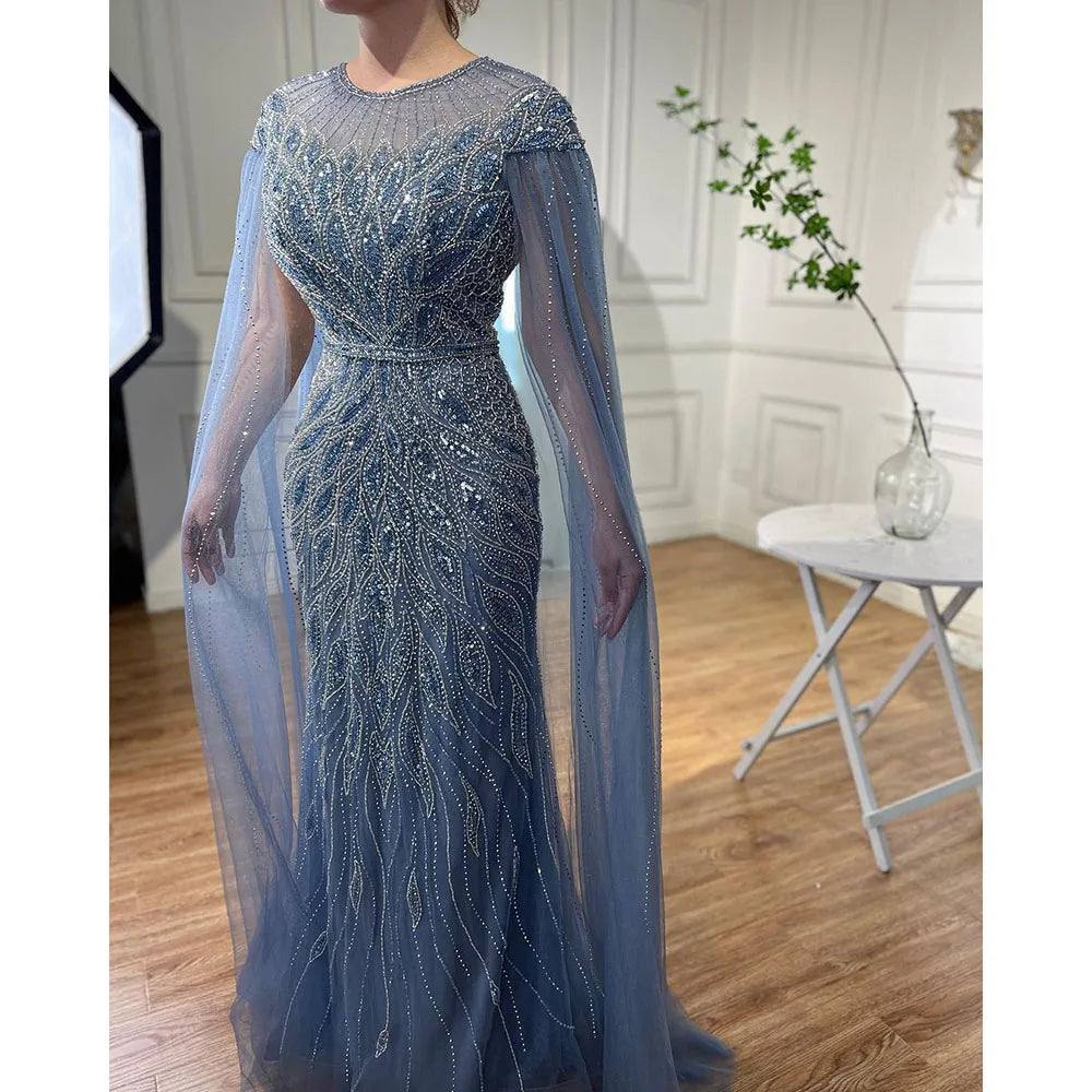 Luxuriöses arabisches blaues Meerjungfrau-Abendkleid mit Cape-Ärmeln LA71999