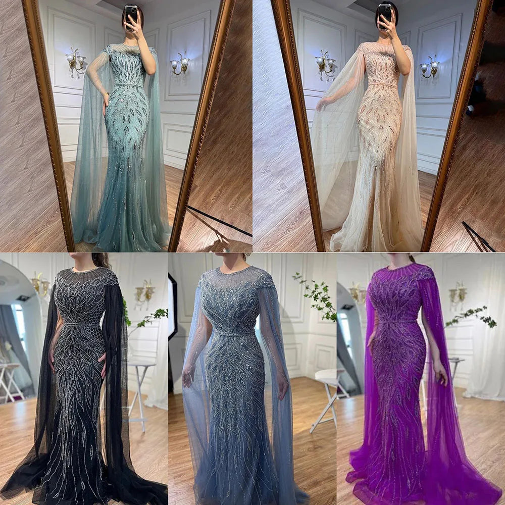 Luxuriöses arabisches blaues Meerjungfrau-Abendkleid mit Cape-Ärmeln LA71999