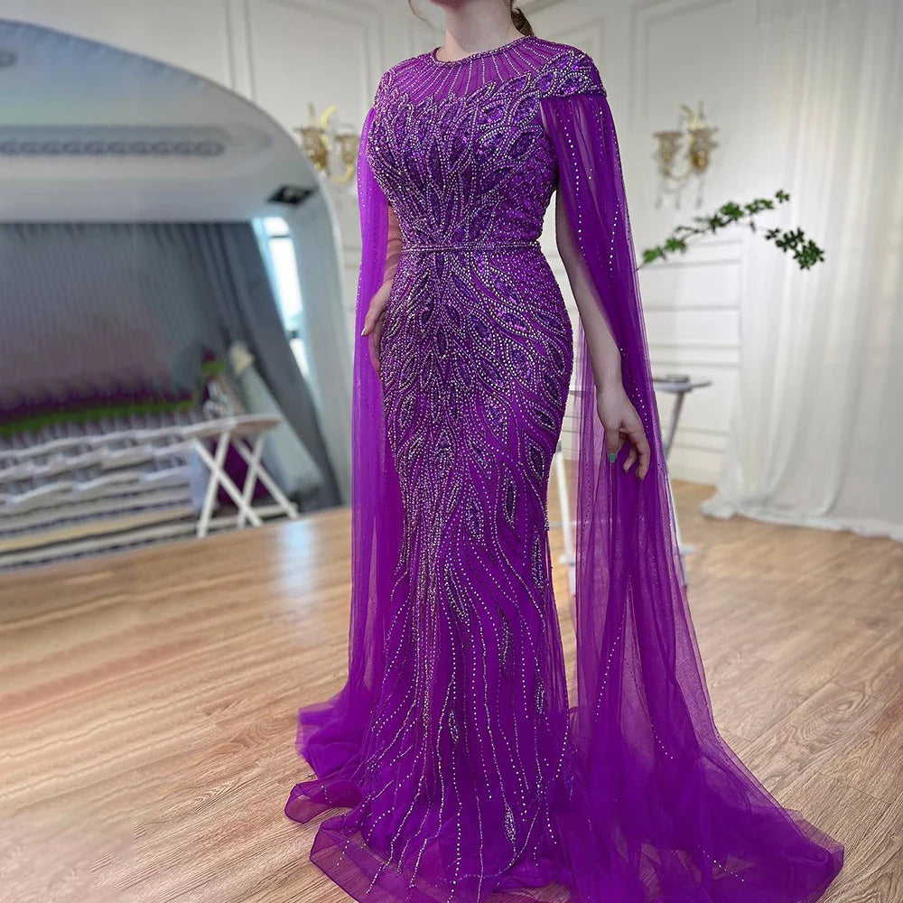 Luxuriöses arabisches blaues Meerjungfrau-Abendkleid mit Cape-Ärmeln LA71999