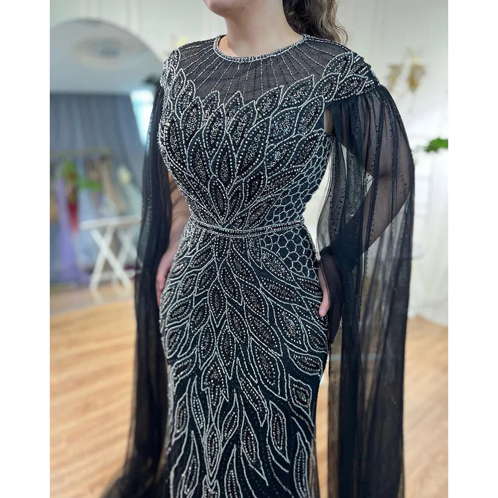 Luxuriöses arabisches blaues Meerjungfrau-Abendkleid mit Cape-Ärmeln LA71999