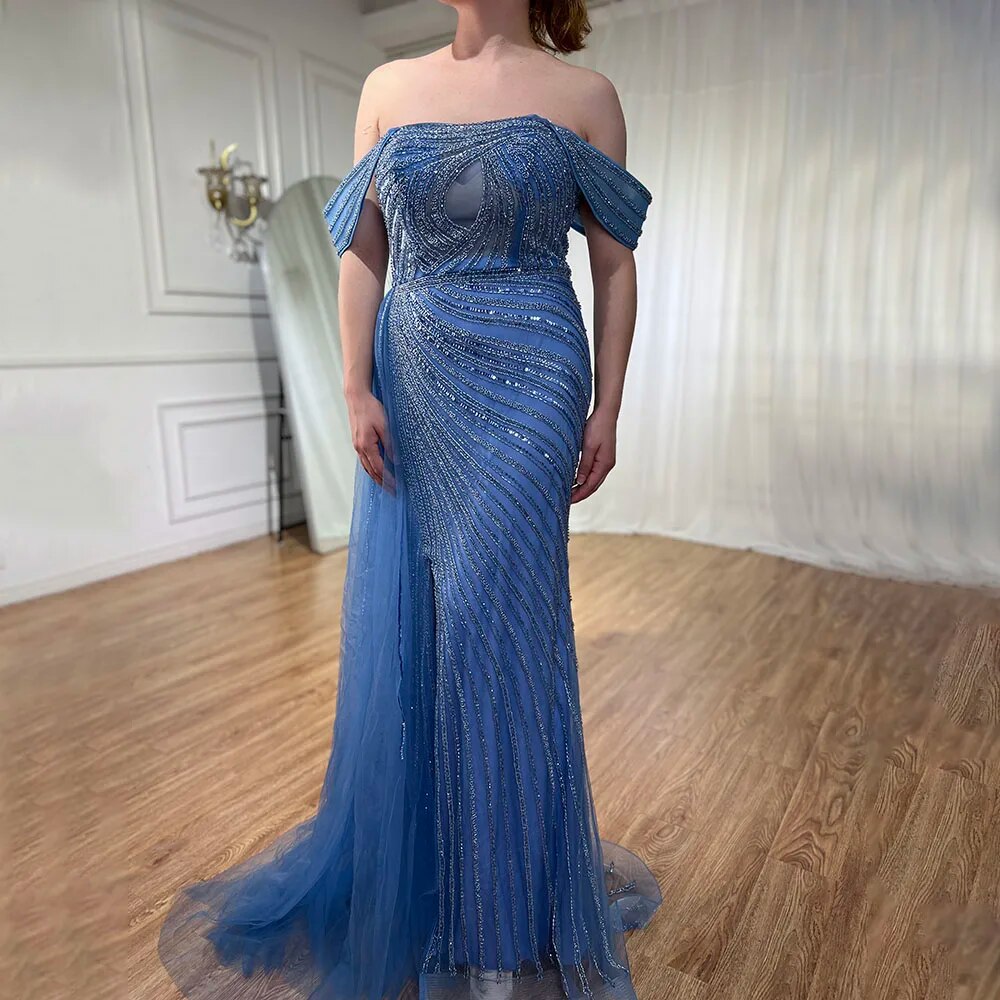Vestido de noche elegante de sirena azul árabe, sexy, con abertura alta y cuentas, de lujo, para mujer, para fiesta de boda, LA71934