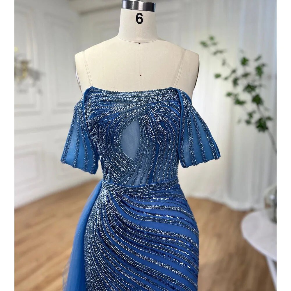 Vestido de noche elegante de sirena azul árabe, sexy, con abertura alta y cuentas, de lujo, para mujer, para fiesta de boda, LA71934