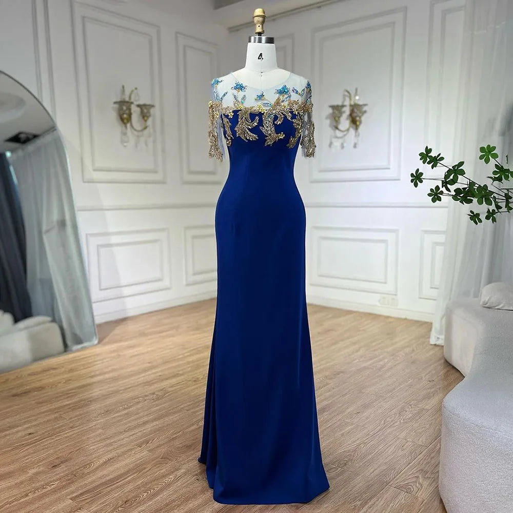 Vestidos de noche elegantes de sirena azul árabe con apliques de lujo de Dubái, vestidos de noche 2025 para mujer, fiesta de boda LA72554
