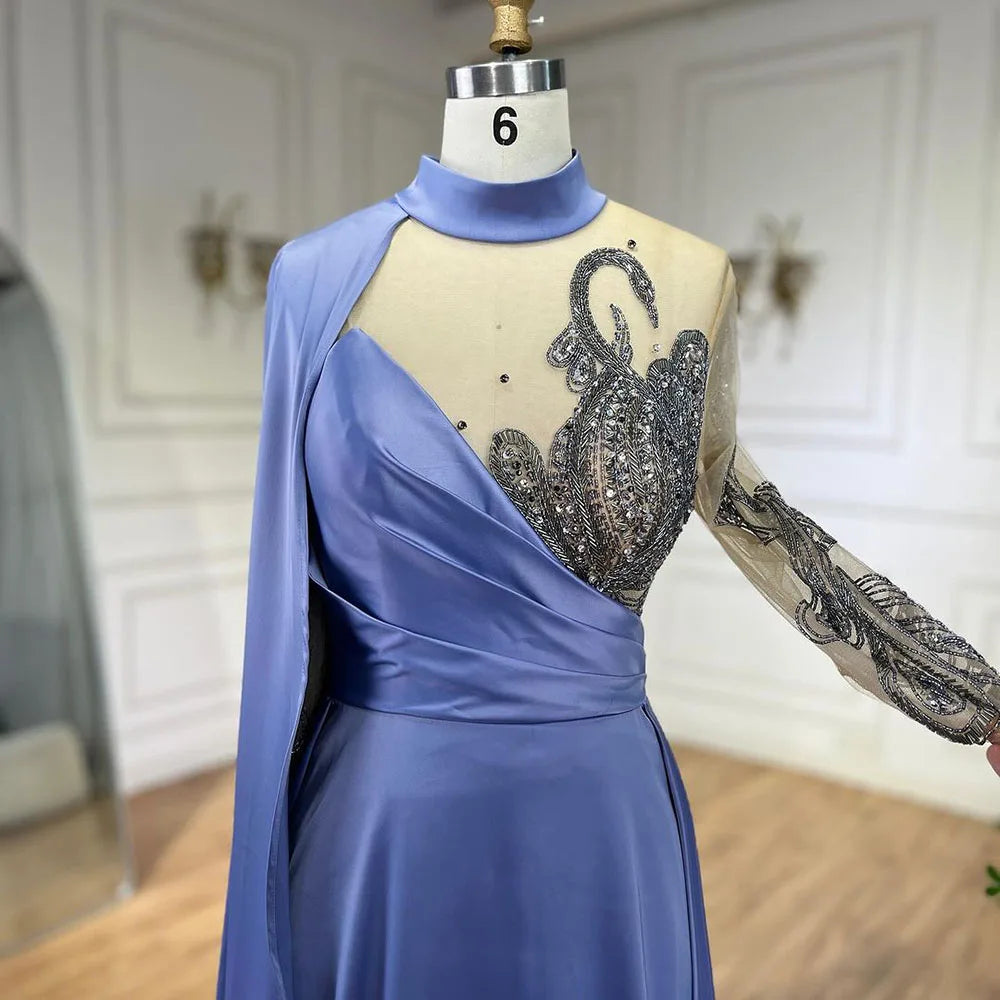 Vestidos de noche elegantes de satén con cuentas y mangas estilo capa en azul árabe, corte A, de lujo, para mujer, fiesta, LA72177