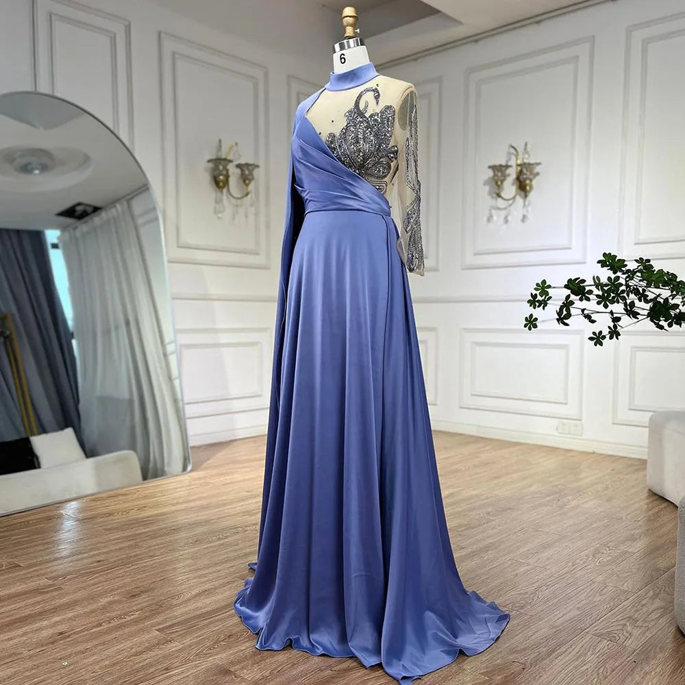 Vestidos de noche elegantes de satén con cuentas y mangas estilo capa en azul árabe, corte A, de lujo, para mujer, fiesta, LA72177