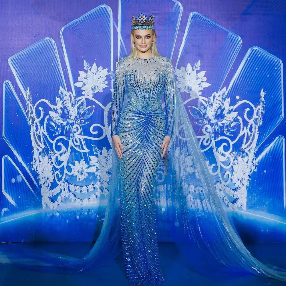Arabisch Blau Meerjungfrau Elegante Abendkleider Kleider Lange 2025 Perlen Luxus Für Frauen Party LA71846
