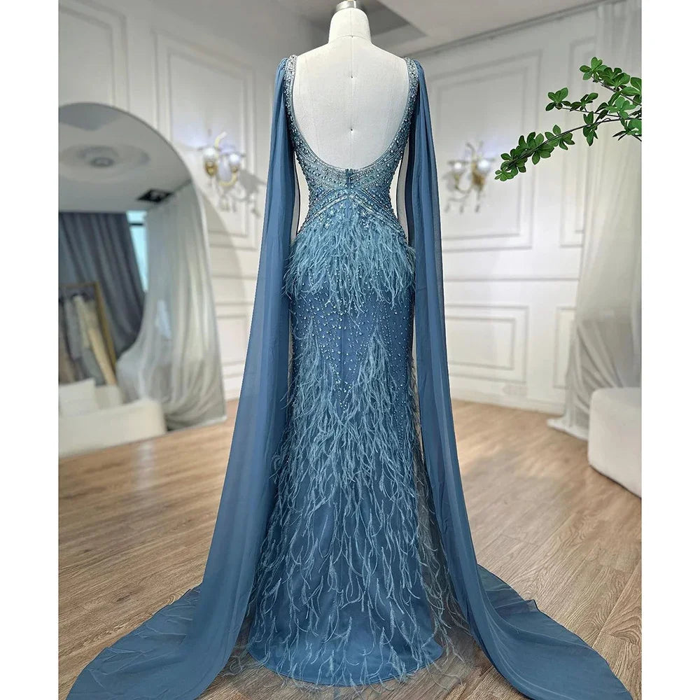 Vestido de noche elegante estilo sirena azul árabe con capa y plumas de lujo estilo Dubái para mujer, vestido de fiesta LA71583B
