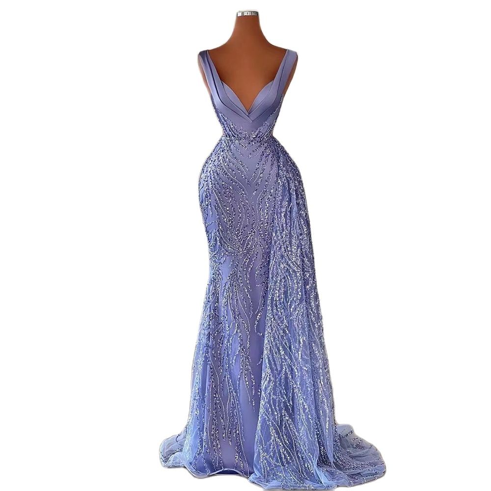 Vestido de noche elegante de sirena azul árabe con falda, sexy, escote en V profundo, con cuentas, 2025, para mujer, fiesta, LA71751