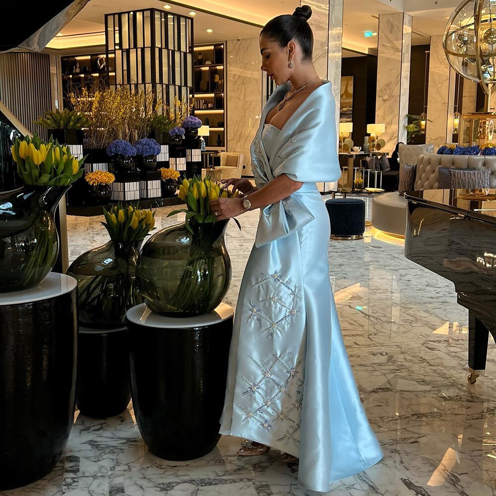 Vestido de noche árabe de sirena azul de satén sin tirantes con chaqueta y cuentas, para mujer, para boda, fiesta, LA71895