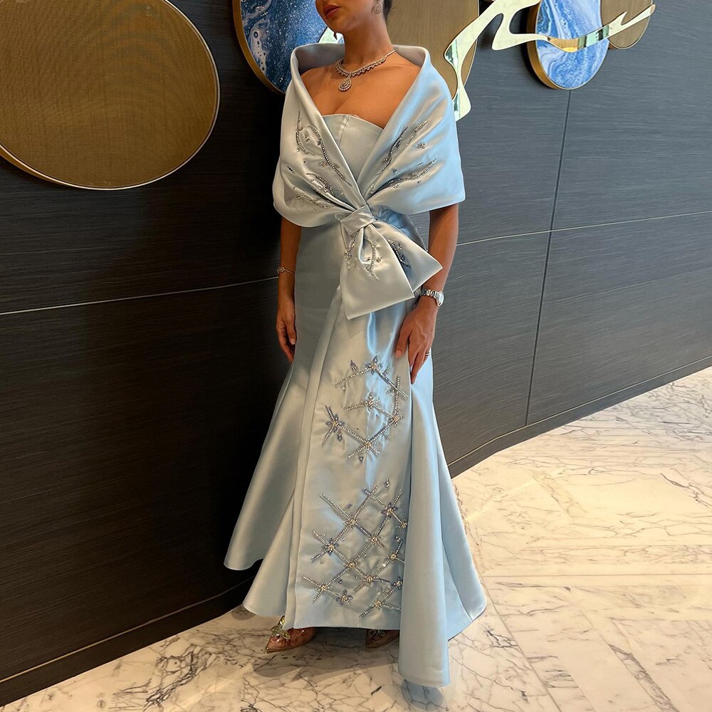 Vestido de noche árabe de sirena azul de satén sin tirantes con chaqueta y cuentas, para mujer, para boda, fiesta, LA71895