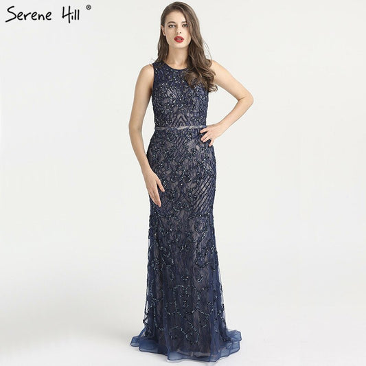 Vestido de noche de lujo estilo sirena, sin mangas, azul árabe, con encaje y cuentas, elegante, para mujer, fiesta de boda, LA6358