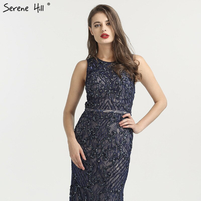 Vestido de noche de lujo estilo sirena, sin mangas, azul árabe, con encaje y cuentas, elegante, para mujer, fiesta de boda, LA6358
