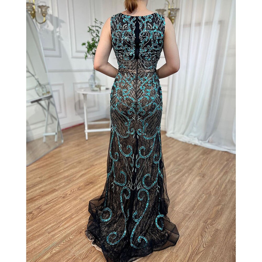 Vestido de noche de lujo estilo sirena, sin mangas, azul árabe, con encaje y cuentas, elegante, para mujer, fiesta de boda, LA6358