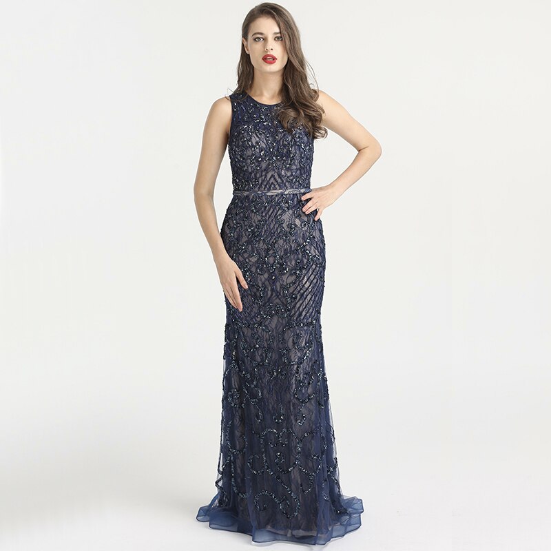 Vestido de noche de lujo estilo sirena, sin mangas, azul árabe, con encaje y cuentas, elegante, para mujer, fiesta de boda, LA6358