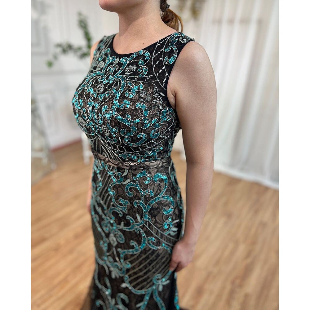 Vestido de noche de lujo estilo sirena, sin mangas, azul árabe, con encaje y cuentas, elegante, para mujer, fiesta de boda, LA6358