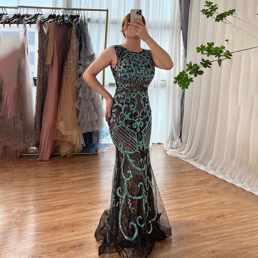 Vestido de noche de lujo estilo sirena, sin mangas, azul árabe, con encaje y cuentas, elegante, para mujer, fiesta de boda, LA6358