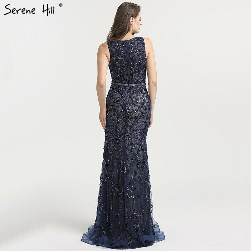 Vestido de noche de lujo estilo sirena, sin mangas, azul árabe, con encaje y cuentas, elegante, para mujer, fiesta de boda, LA6358