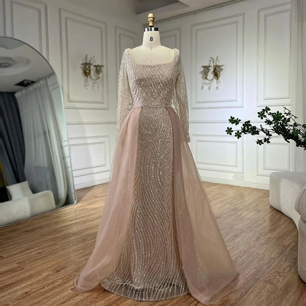 Vestido de noche estilo sirena con cuello cuadrado azul árabe y sobrefalda de cuentas, de lujo, para fiesta de boda de mujer LA72320A