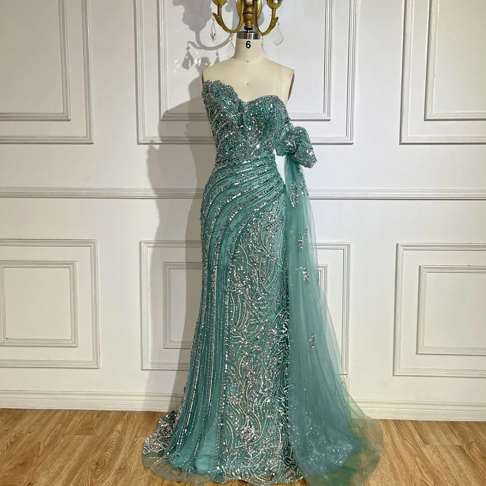 Vestido de noche verde sirena con un hombro al descubierto y mangas estilo capa para ocasiones formales LA72600 2025