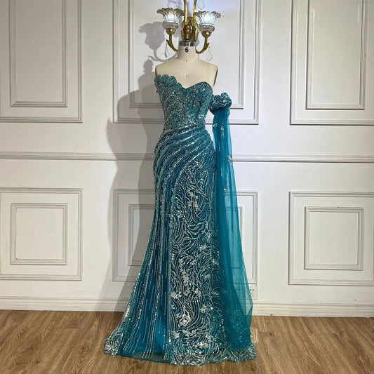 Vestido de noche verde sirena con un hombro al descubierto y mangas estilo capa para ocasiones formales LA72600 2025