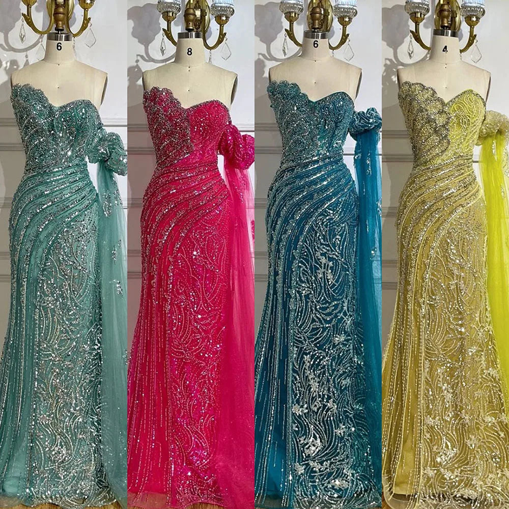 Vestido de noche verde sirena con un hombro al descubierto y mangas estilo capa para ocasiones formales LA72600 2025
