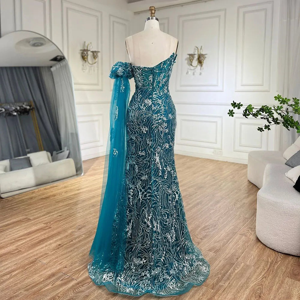 Vestido de noche verde sirena con un hombro al descubierto y mangas estilo capa para ocasiones formales LA72600 2025