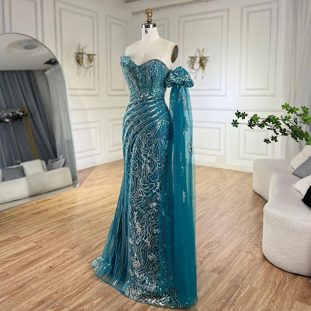 Vestido de noche verde sirena con un hombro al descubierto y mangas estilo capa para ocasiones formales LA72600 2025