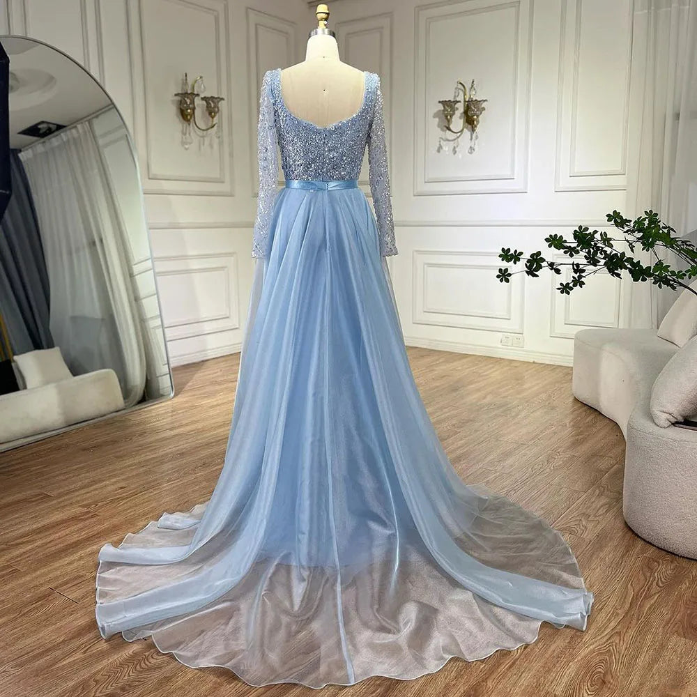 Vestido de noche árabe azul con escote corazón y sirena, con sobrefalda de cuentas - Vestidos de lujo para bodas de mujer 2025 LA72548