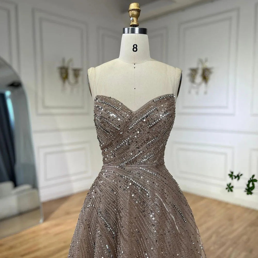 Vestidos de noche de lujo estilo Dubái, color caramelo árabe, sin tirantes, con cuentas, para mujer, para boda, fiesta, 2025, LA72563