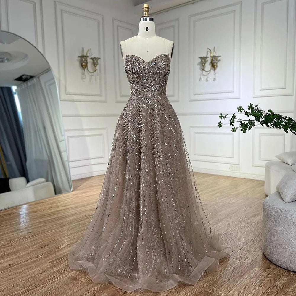 Vestidos de noche de lujo estilo Dubái, color caramelo árabe, sin tirantes, con cuentas, para mujer, para boda, fiesta, 2025, LA72563