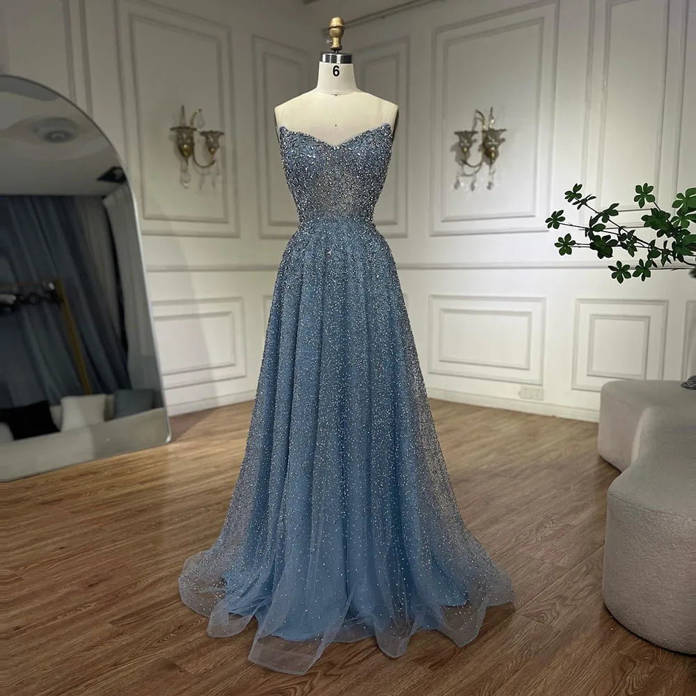 Vestido de noche largo elegante, sin tirantes, de lujo, con cuentas y corte en A, color caramelo árabe para mujer - Fiesta de bodas 2025 LA72147
