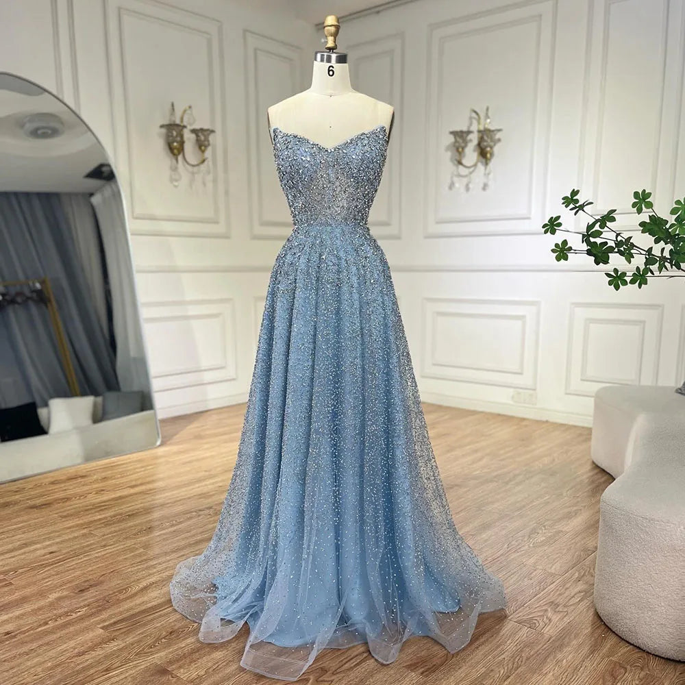 Vestido de noche largo elegante, sin tirantes, de lujo, con cuentas y corte en A, color caramelo árabe para mujer - Fiesta de bodas 2025 LA72147