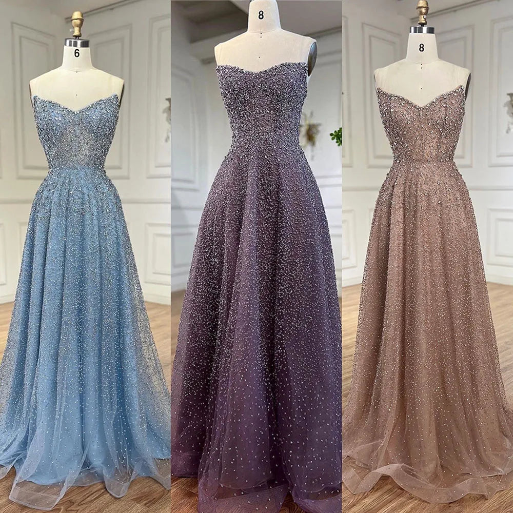 Vestido de noche largo elegante, sin tirantes, de lujo, con cuentas y corte en A, color caramelo árabe para mujer - Fiesta de bodas 2025 LA72147