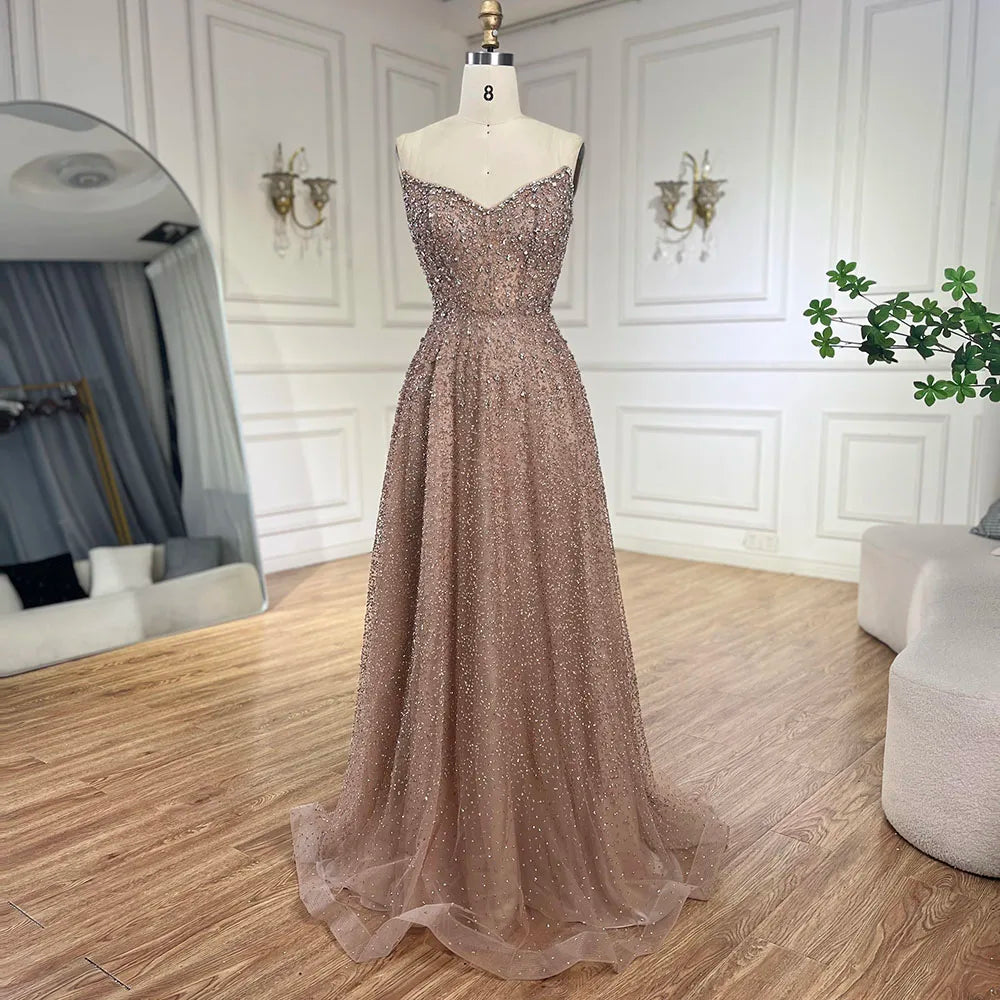 Vestido de noche largo elegante, sin tirantes, de lujo, con cuentas y corte en A, color caramelo árabe para mujer - Fiesta de bodas 2025 LA72147