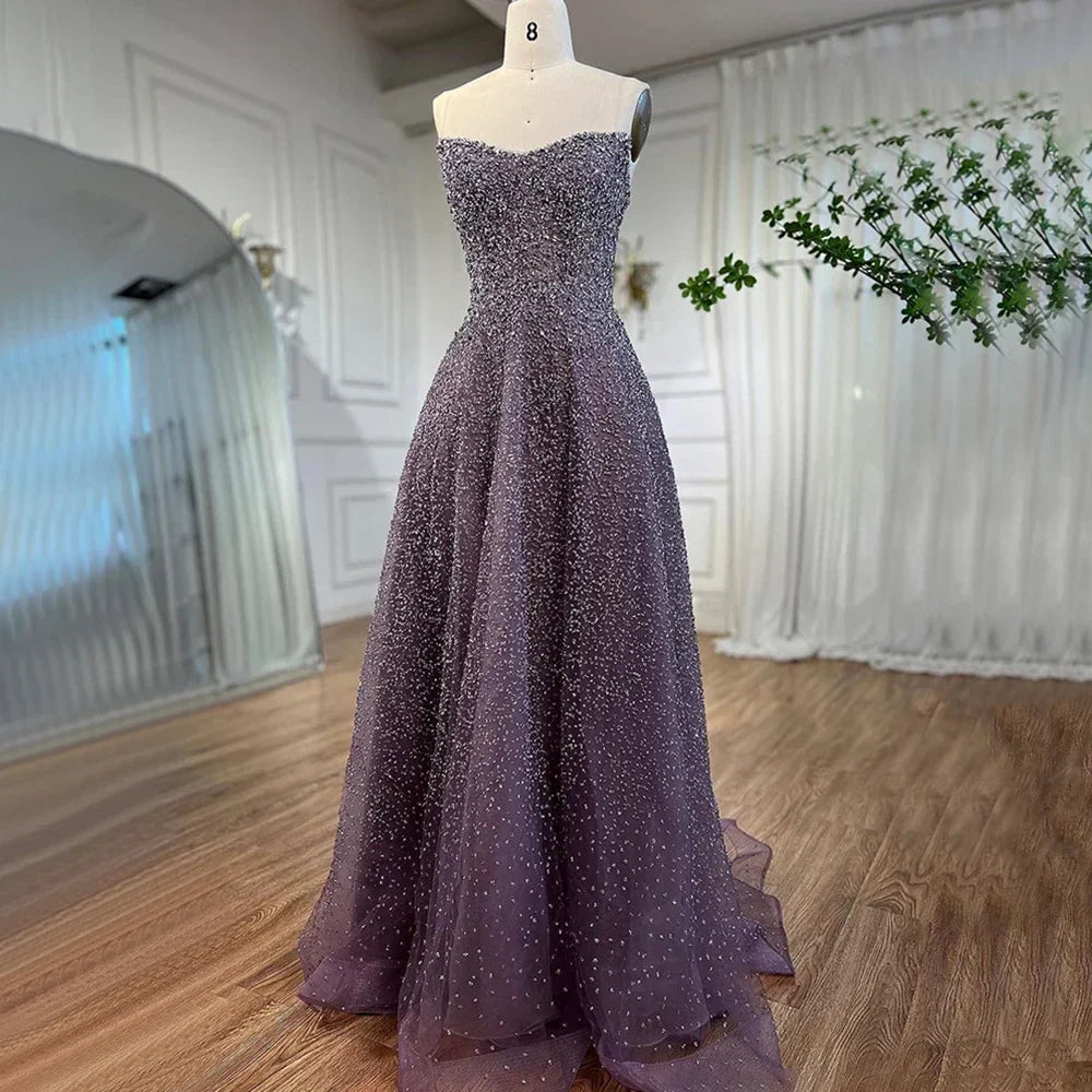 Vestido de noche largo elegante, sin tirantes, de lujo, con cuentas y corte en A, color caramelo árabe para mujer - Fiesta de bodas 2025 LA72147