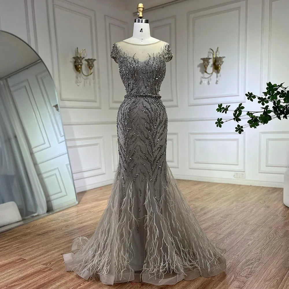 Vestidos de noche estilo sirena con plumas y cuentas color caramelo árabe para mujer, vestidos de noche para boda 2025 LA72519